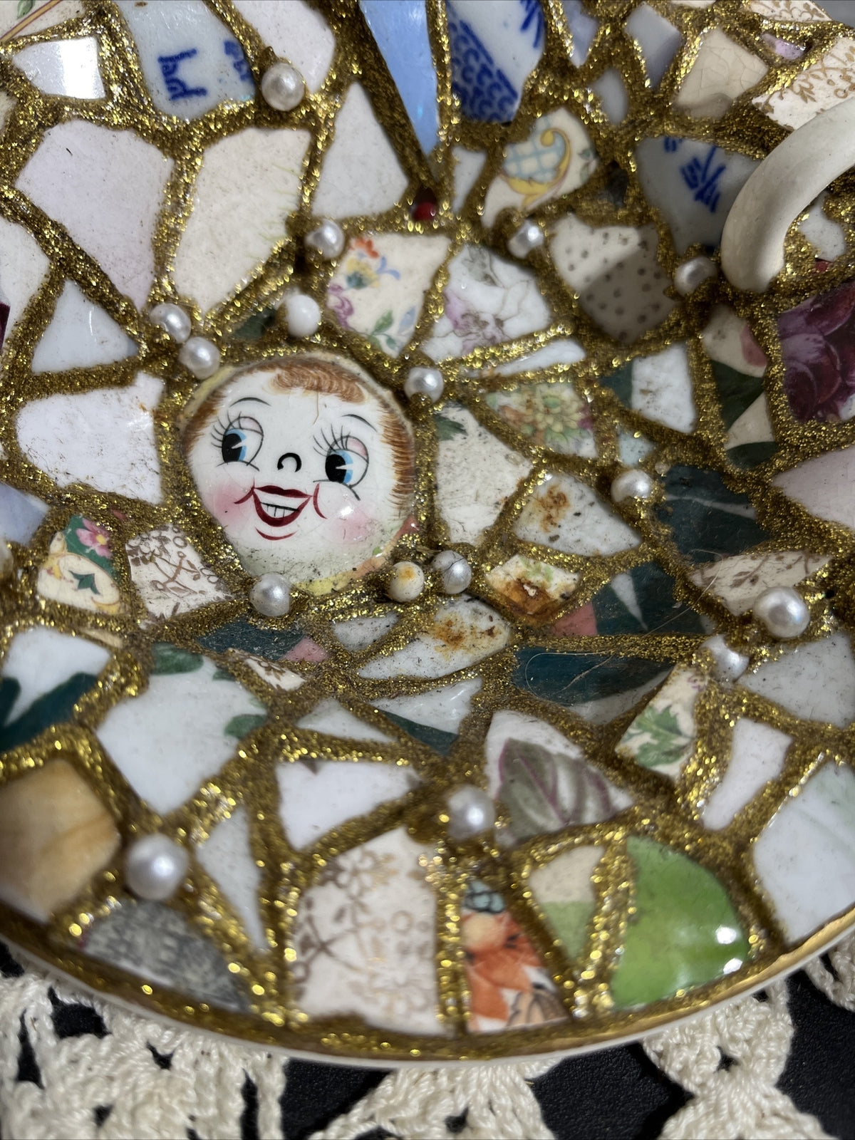 Vintage Hand Cut & Made Mosaic Vintage China Pieces, Funky Fun Piece