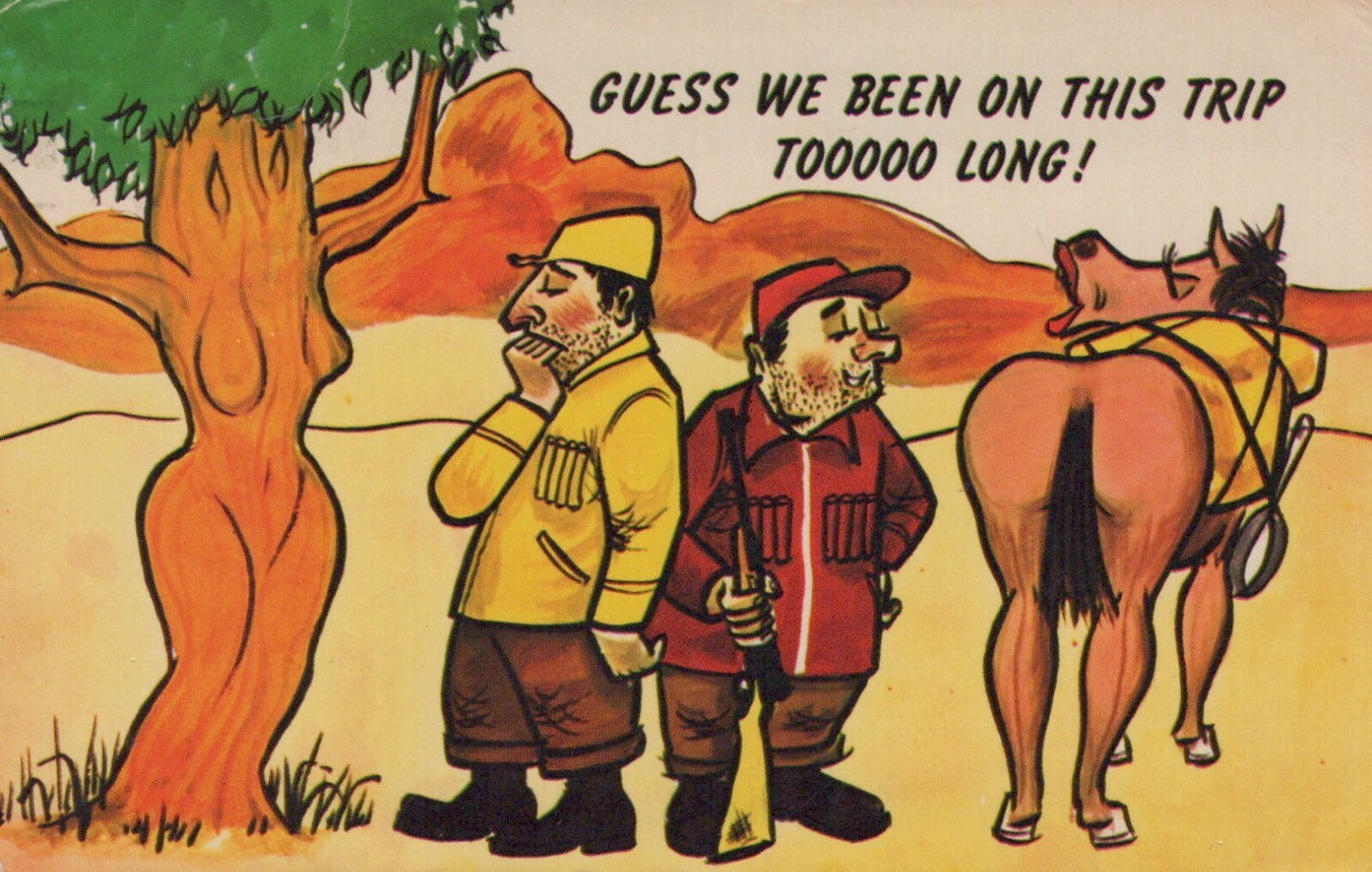 Men on Hunting Trip Too Long Curvy Tree Horse in Lipstick Comic 10785F Postcard