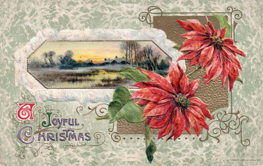 John Winsch A Joyful Christmas Winter Pond Scene Vintage Poinsettia Postcard