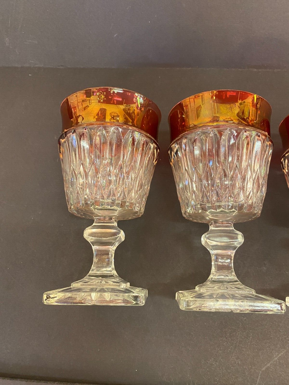 Vintage  Ruby Red Rimmed Set Of 4 Goblet Clear Cut Glass Square Base