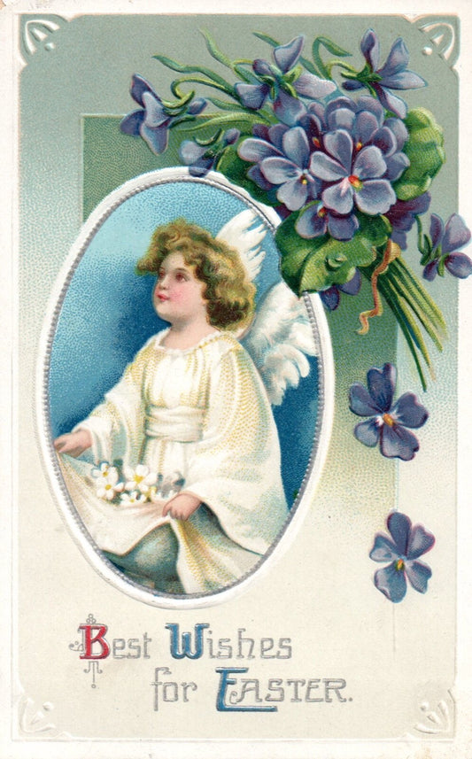 Best Wishes For Easter Angel With Flowers Beautiful Vintage Easter Postcard