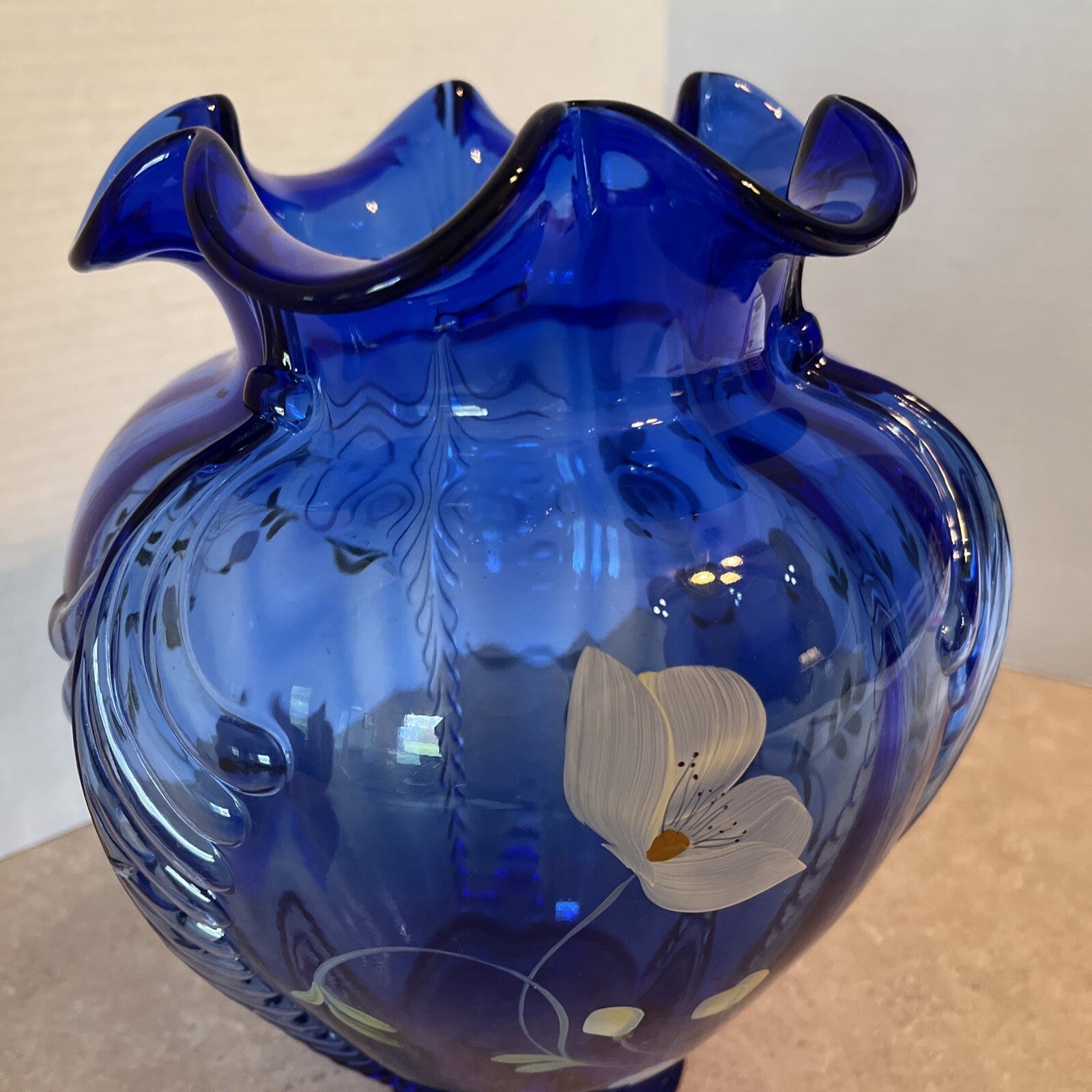 Fenton Glass Cobalt Blue Feathered Belly Vase Signed Shelly Fenton Hand Painted