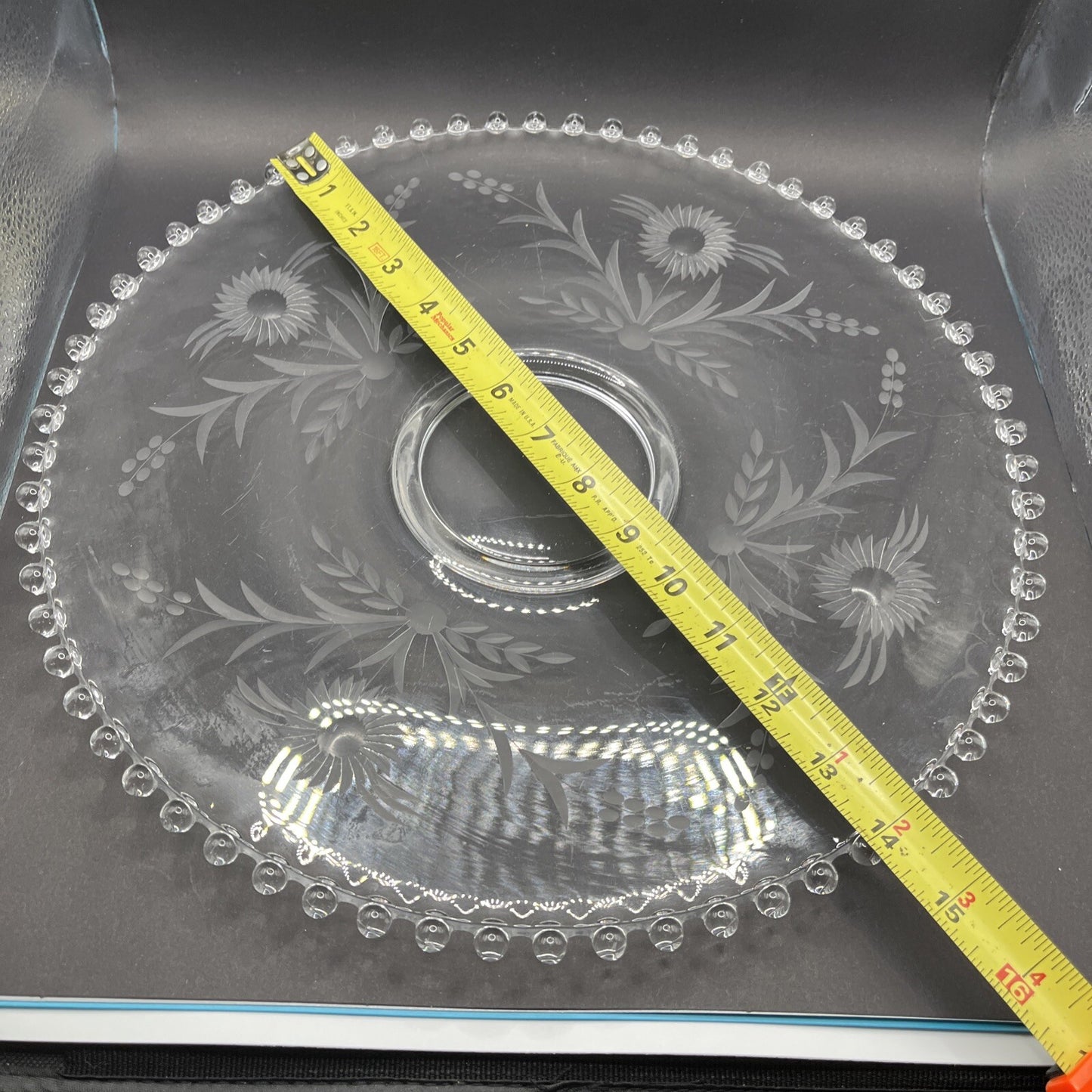 Vintage Crystal Etched Candlewick  Serving Platter Tray w Bowl, 14 In Flowers