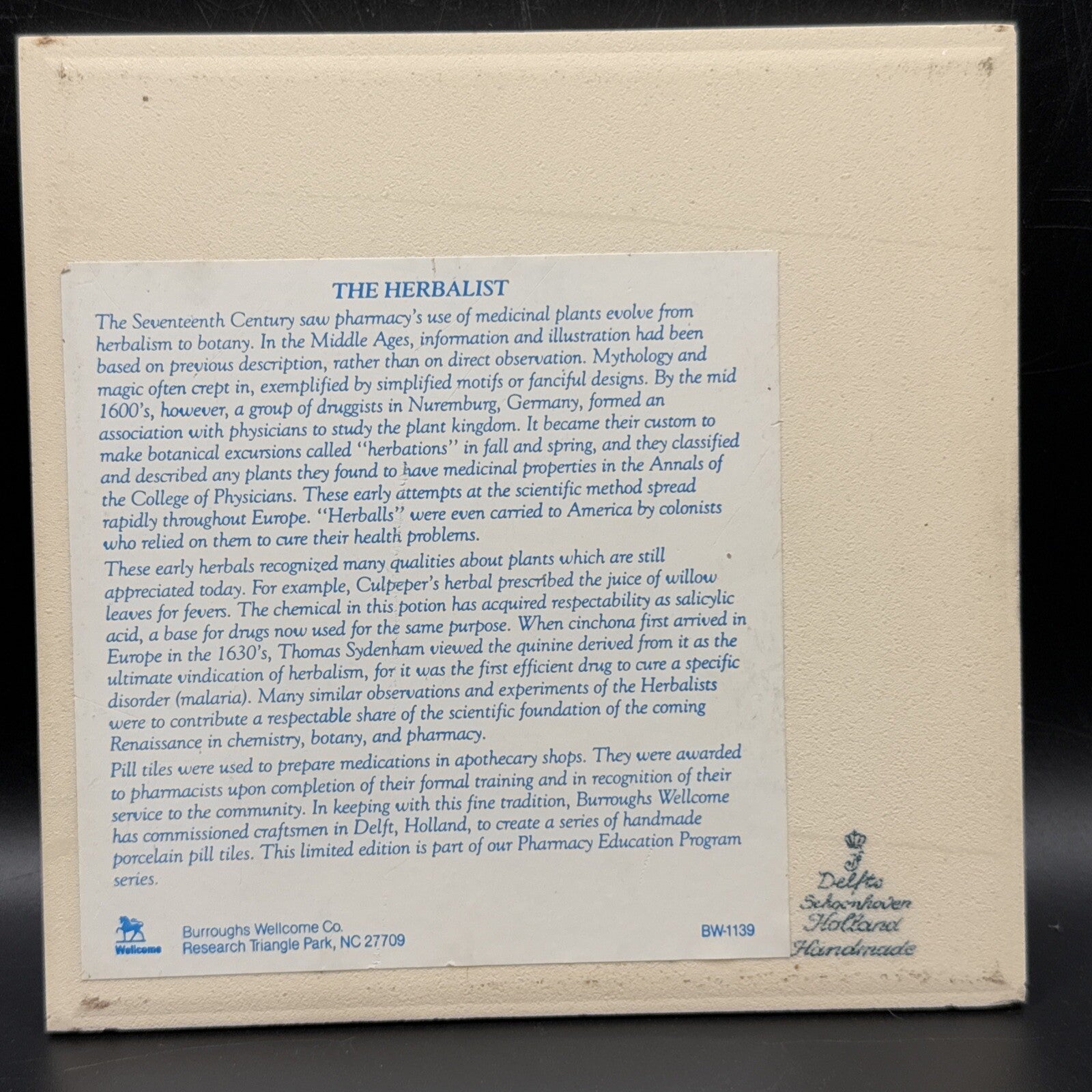 Delft Tile Schoonhaven Holland Vintage Tile Delft Blue White Pharmacy Drug #1