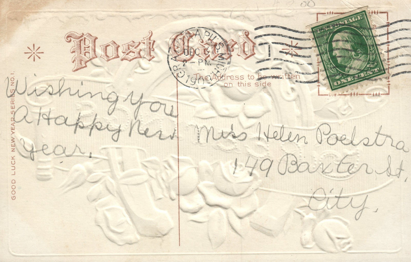 Silver Horse Shoe Pink Roses Gold Scroll Good Luck New Year Series 1 Postcard 