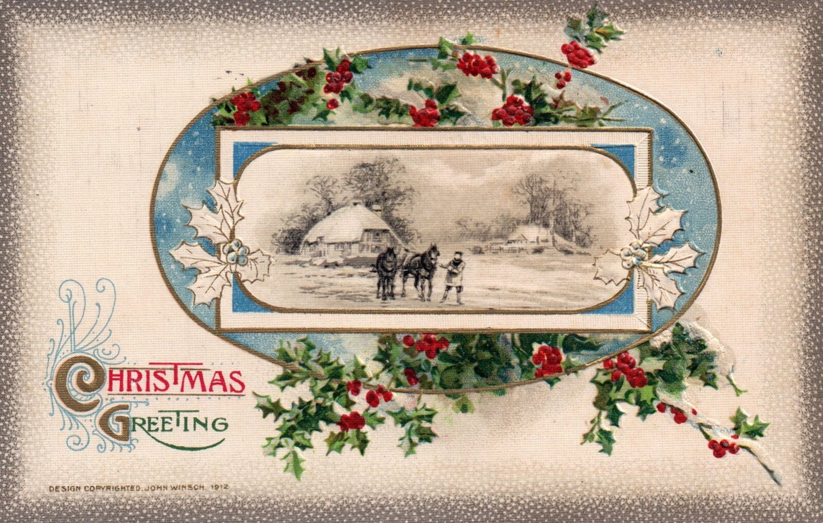 John Winsch Christmas Greeting Man with Horses in the Snow Vintage Postcard
