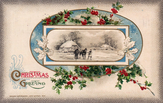 John Winsch Christmas Greeting Man with Horses in the Snow Vintage Postcard