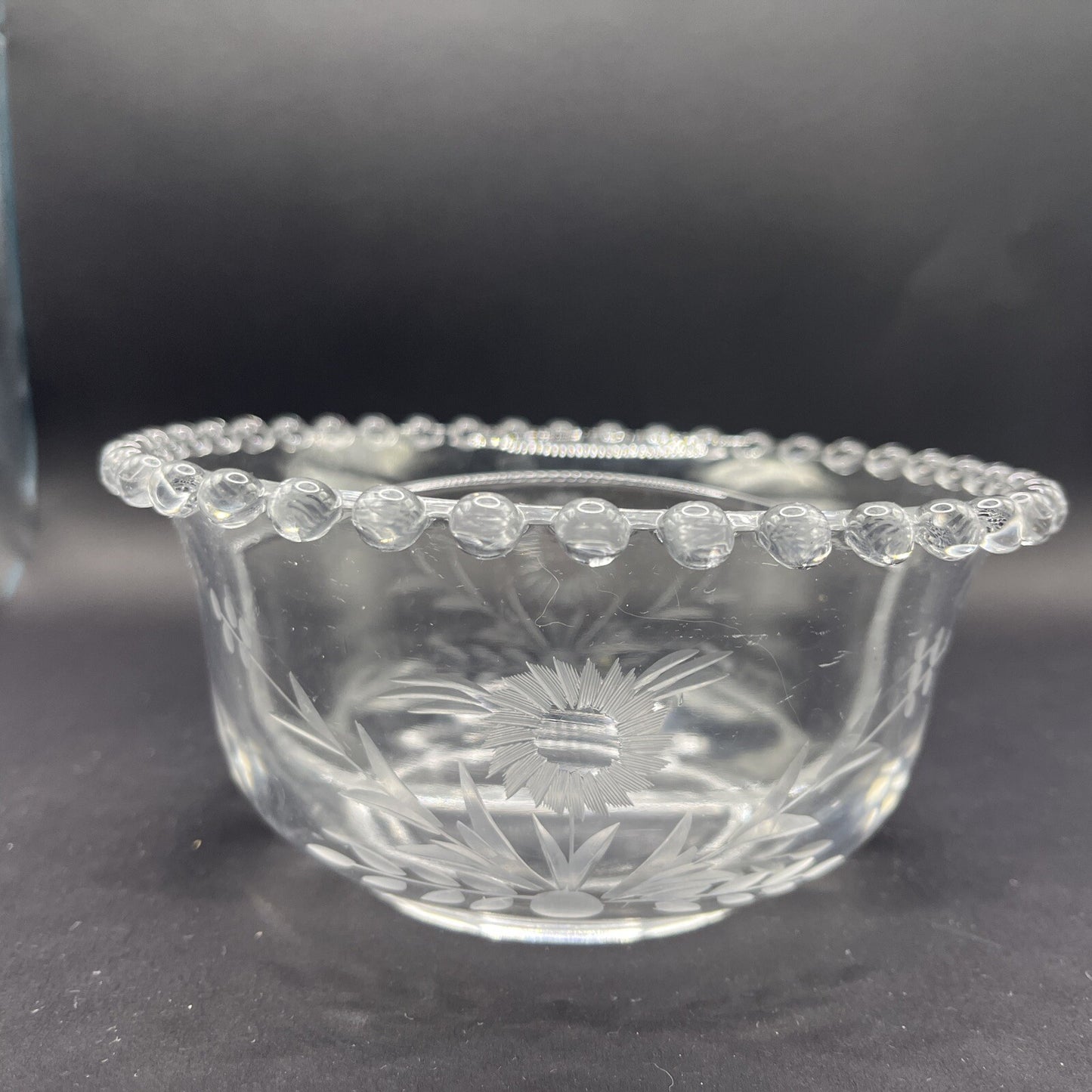 Imperial Candlewick Elegant Glass FLORAL ETCHED DIVIDED BOWL 3 1/2" T, 6 1/2" W