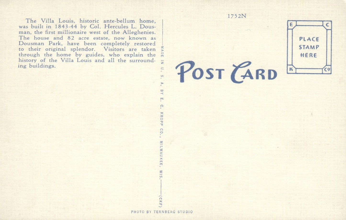 The Villa Louis Prairie Chien 22 WIS Wisconsin Postcard