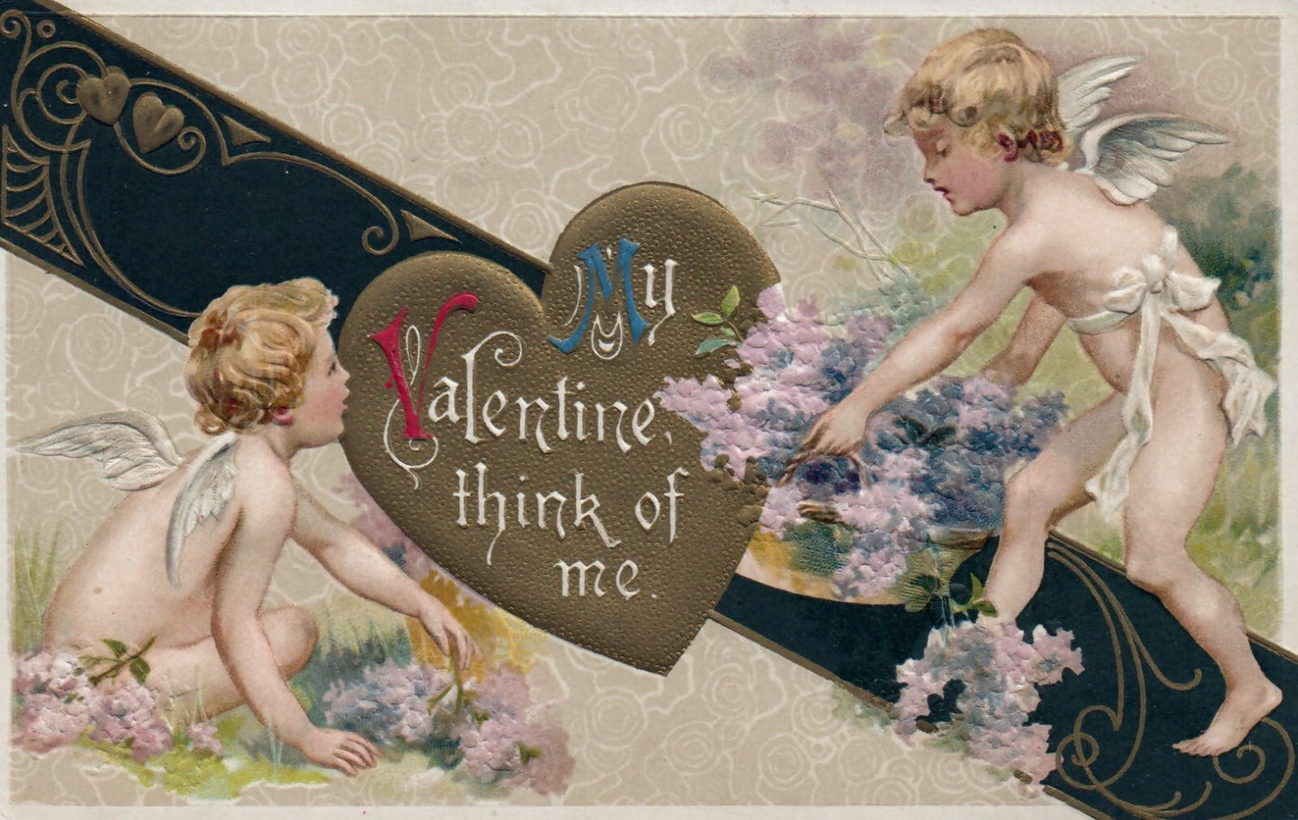 My Valentine Think of Me Cherubs Collecting Flowers Vintage Valentine Postcard