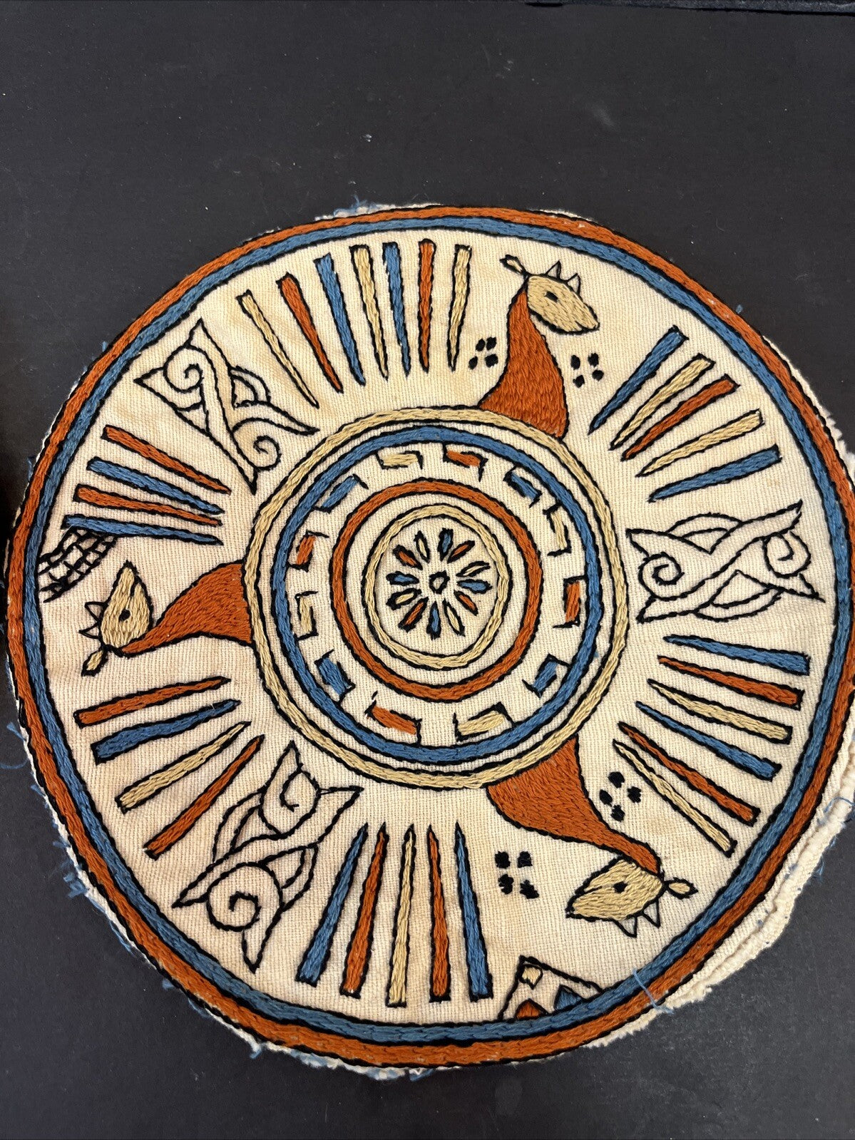 Small Vintage Needlepoint Throw Pillow Tops Blue, Rust & Tan Round MCM Vintage