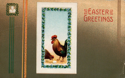  1911 Easter Greetings Hen & Rooster  Vintage Postcard  