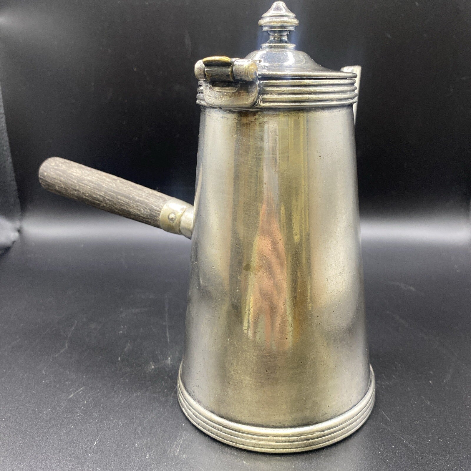 Antique JOS HEINRICHS Silver Soldered Chocolate Pot Wood Handle Hotel Teapot TEA