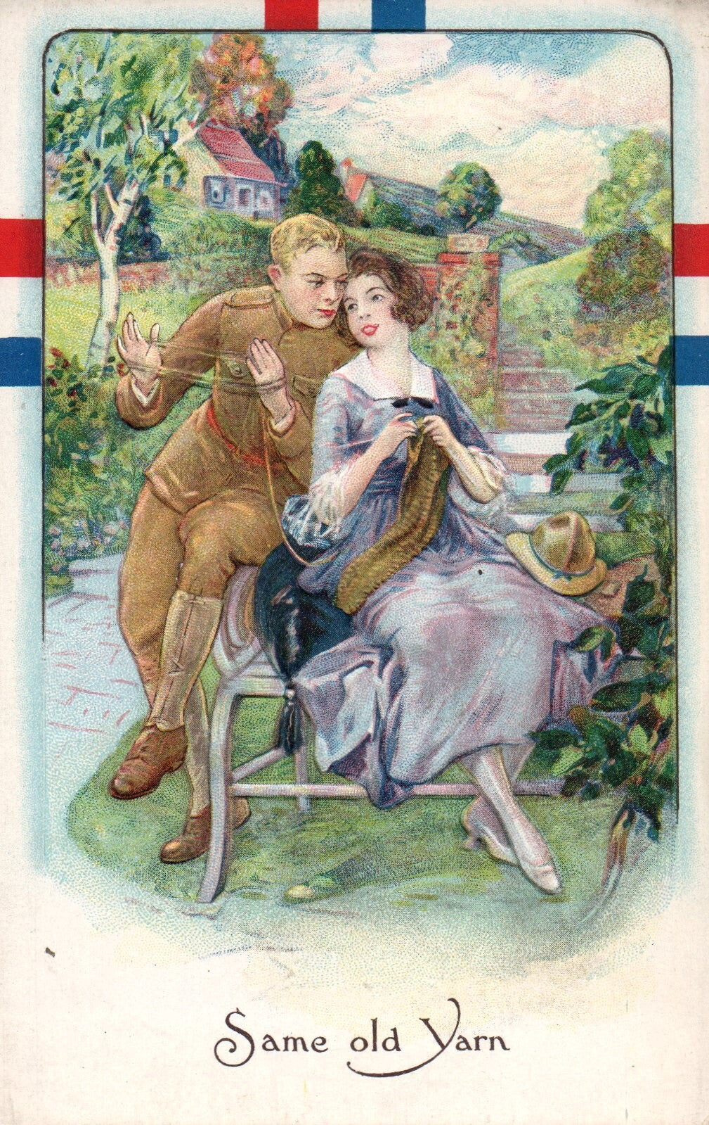 Same Old Yarn Soldier & Woman Knitting Vintage Patriotic Postcard