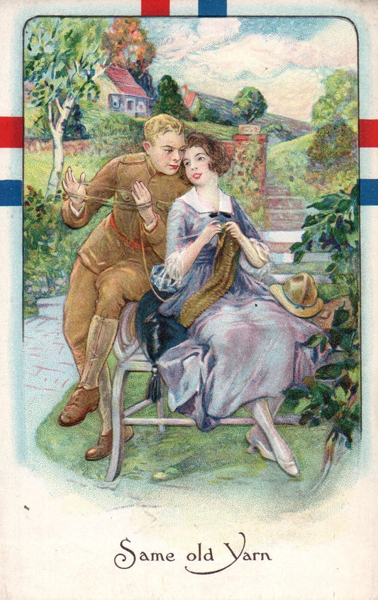 Same Old Yarn Soldier & Woman Knitting Vintage Patriotic Postcard