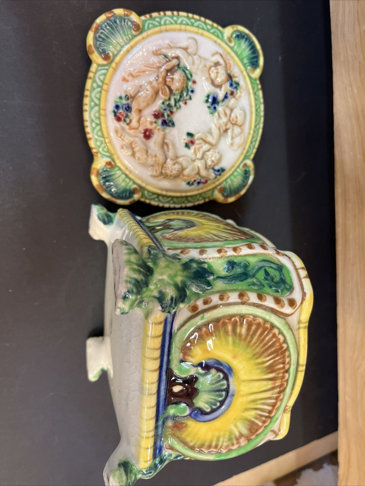 Vintage 50s Japanese Trinket Box Majolica Maruhon Ware Bonboniere Lidded Jewelry