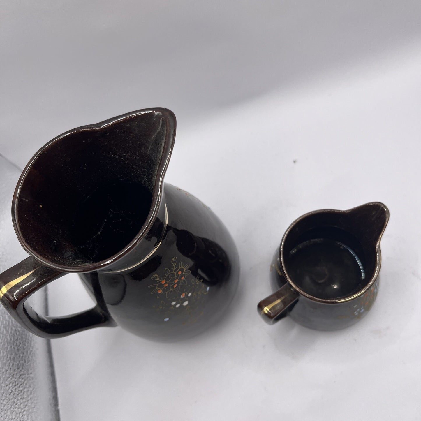 Vintage Brown Betty Pitcher & Creamer hand painted gold gilded Redware Moorage