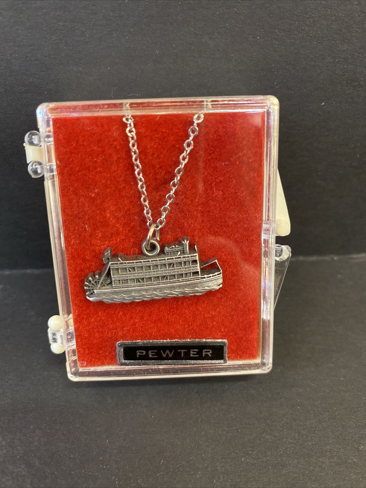 Pewter Lowell Showboat necklace Lowell Michigan Paddle wheel River boat