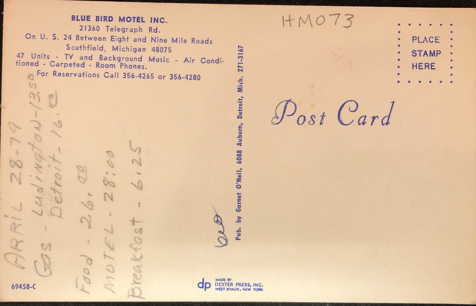 Blue Bird Motel Inc Us 24 Southfield Michigan Mi Hotel Motel Postcard