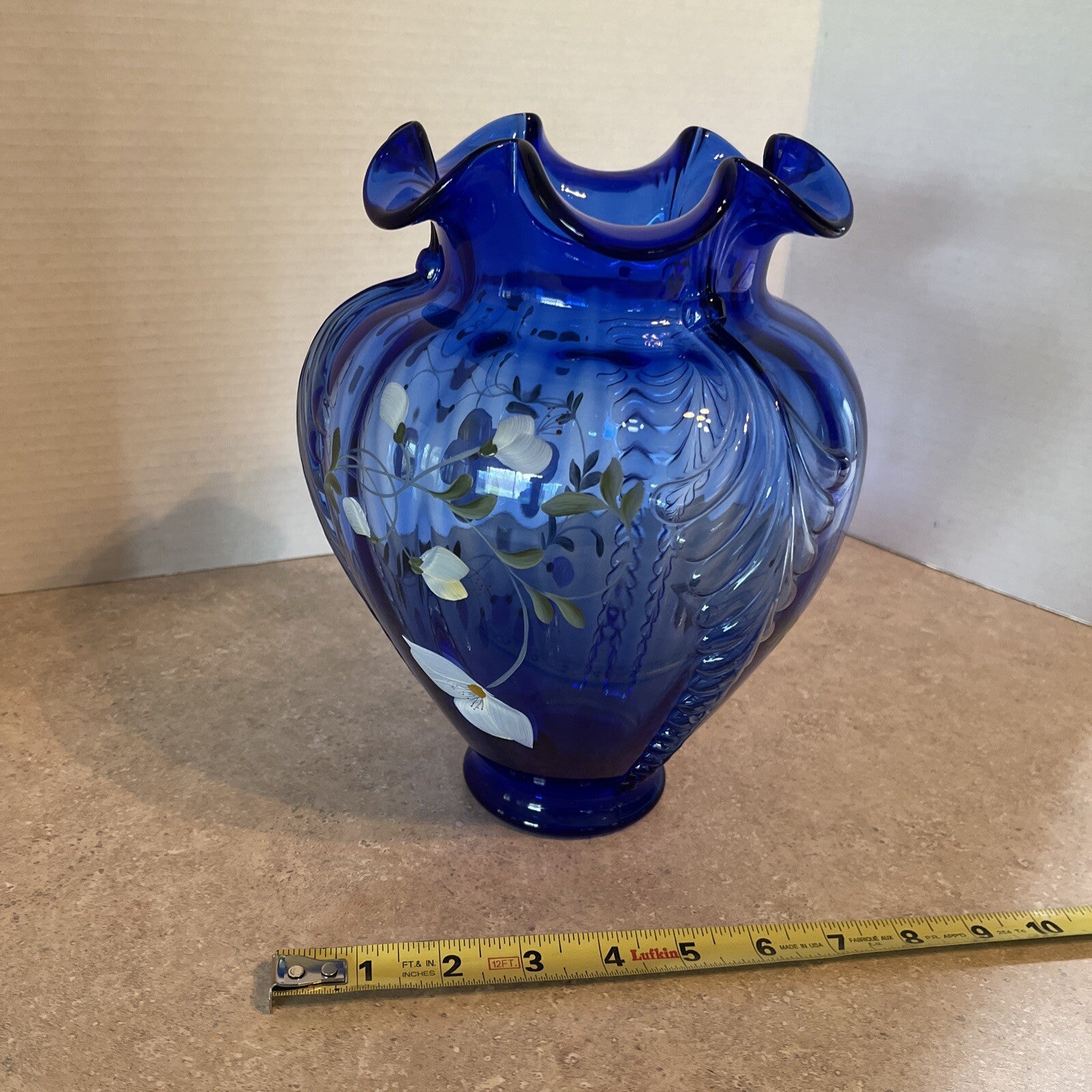 Fenton Glass Cobalt Blue Feathered Belly Vase Signed Shelly Fenton Hand Painted