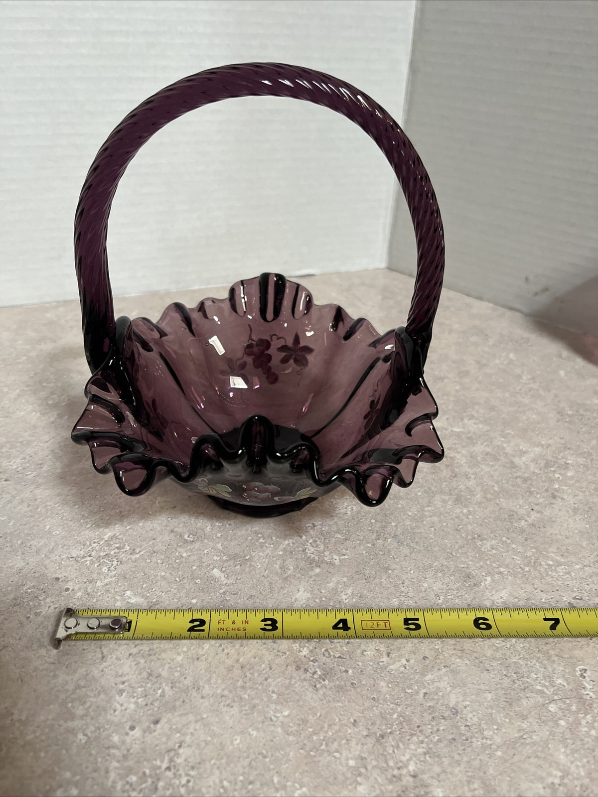 Fenton Art Glass Ruffled Purple Basket With Twisted Handle & signed