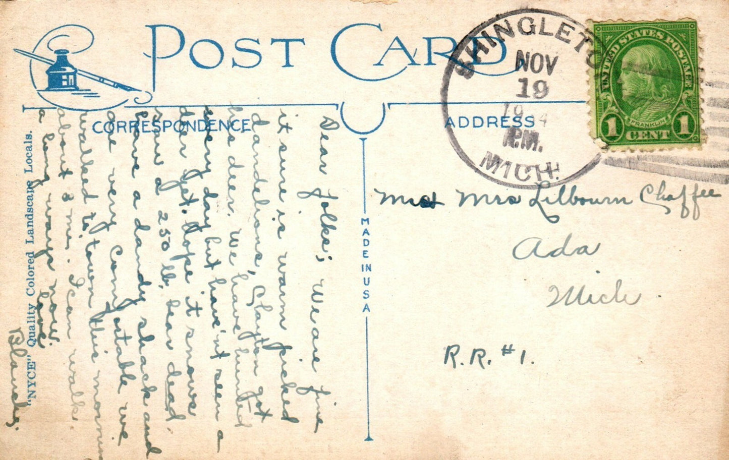 Greetings Card From Shingleton MI Michigan Vintage Postcard