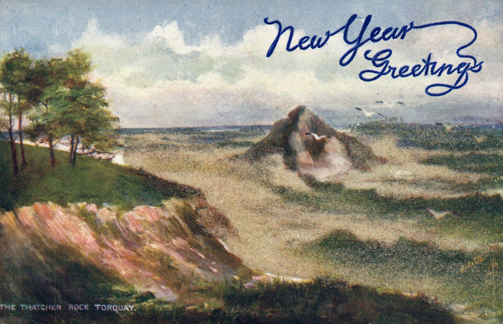 Tuck Oilette Happy New Year Rough Seas On the Devon Coast 1496 Beaded 