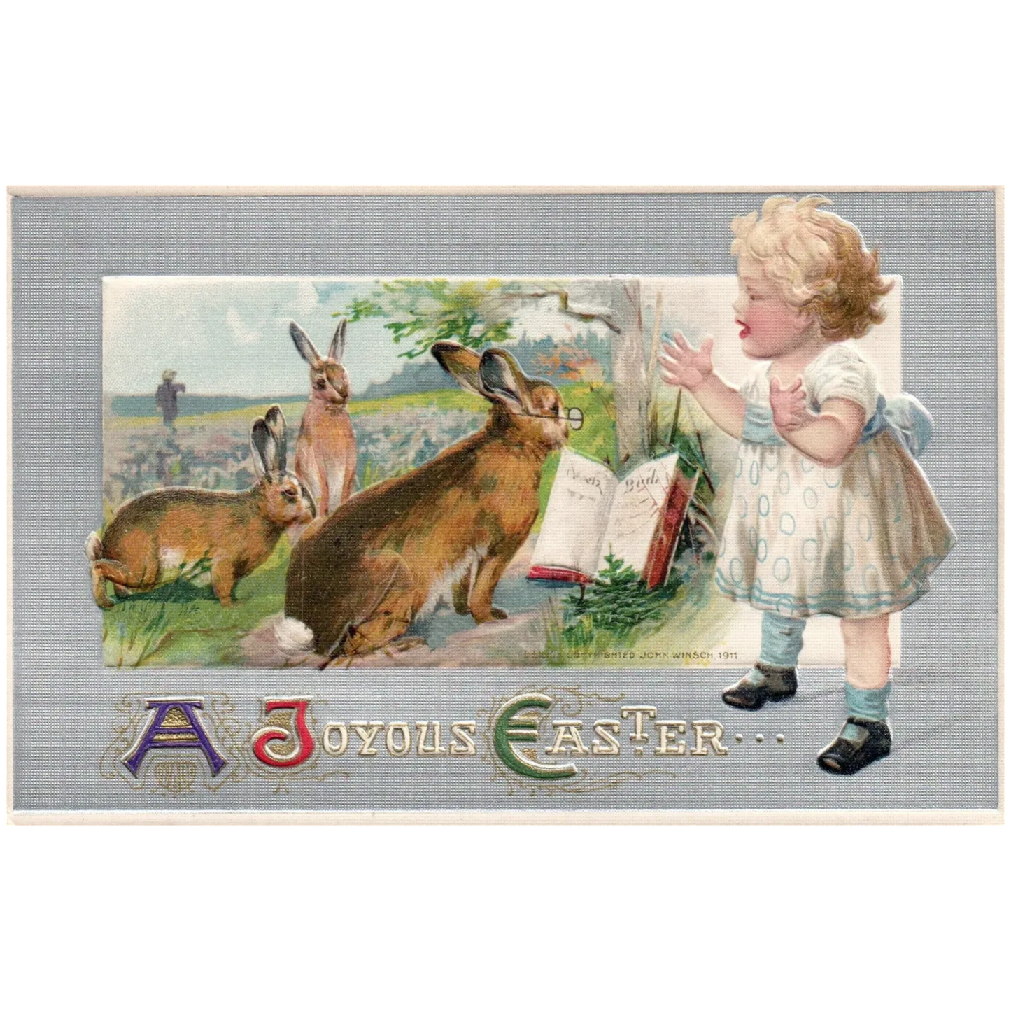 Signed John Winsch A Joyous Easter Little Girl Watching Rabbits Easter Postcard