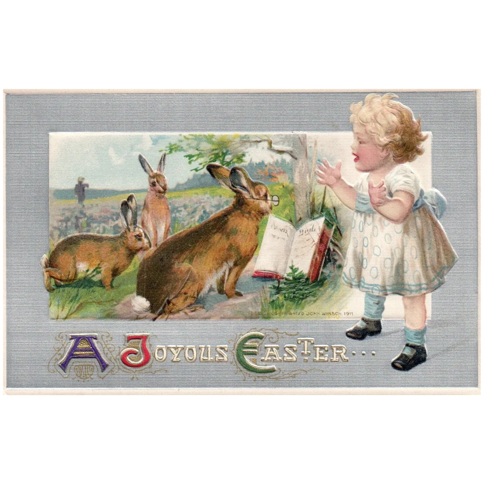 Signed John Winsch A Joyous Easter Little Girl Watching Rabbits Easter Postcard