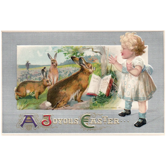 Signed John Winsch A Joyous Easter Little Girl Watching Rabbits Easter Postcard