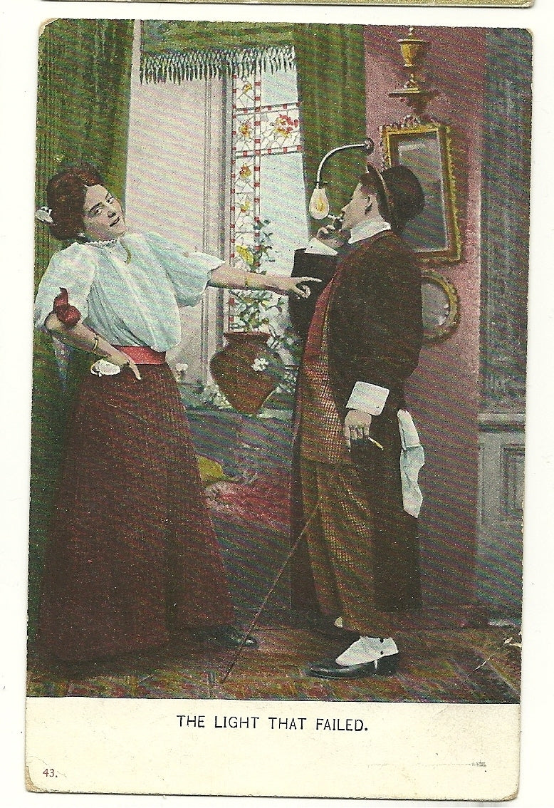 Man Tries to Light Cigarette by Lamp Woman Pointing Smoking Comic 43 Postcard