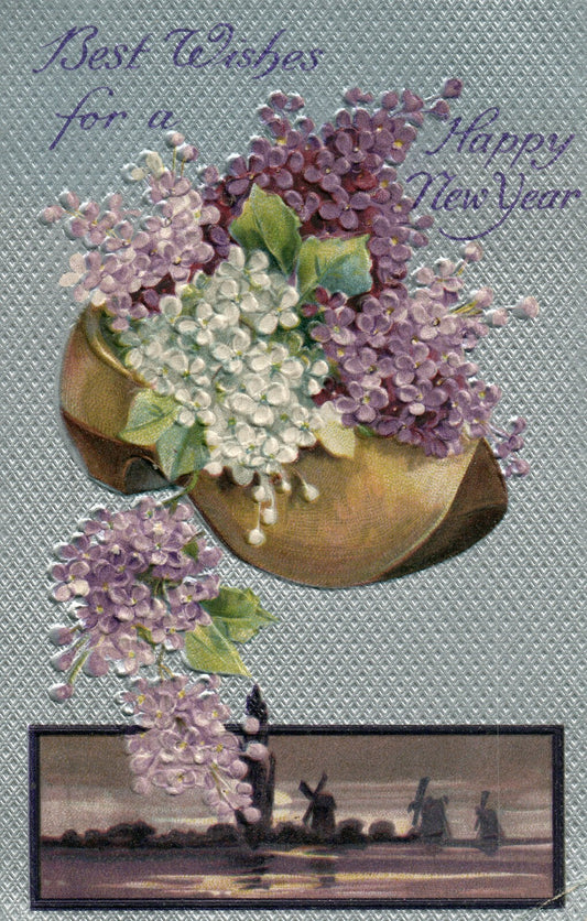 1908 Greens Purple Lilacs in Wooden Shoe Windmill Scene Happy New Year Postcard