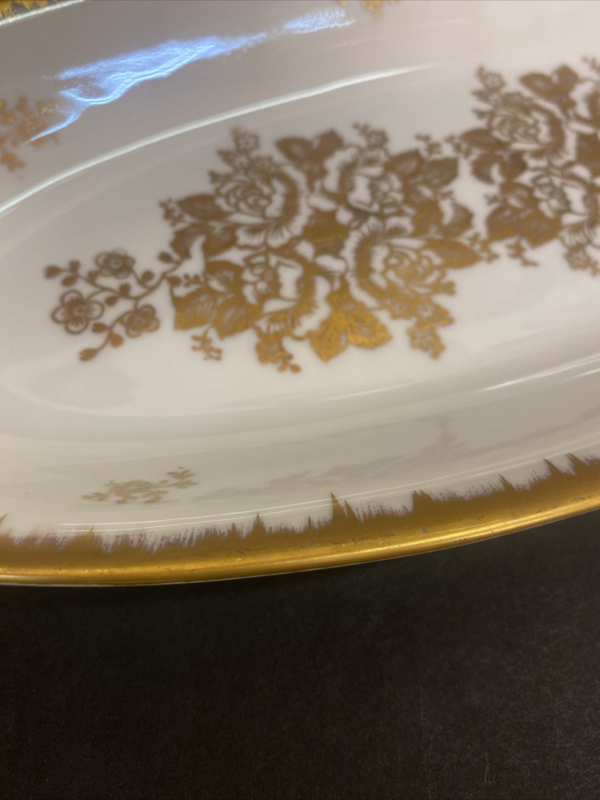 Vintage French Oval White Gold Serving Dish Hand Painted