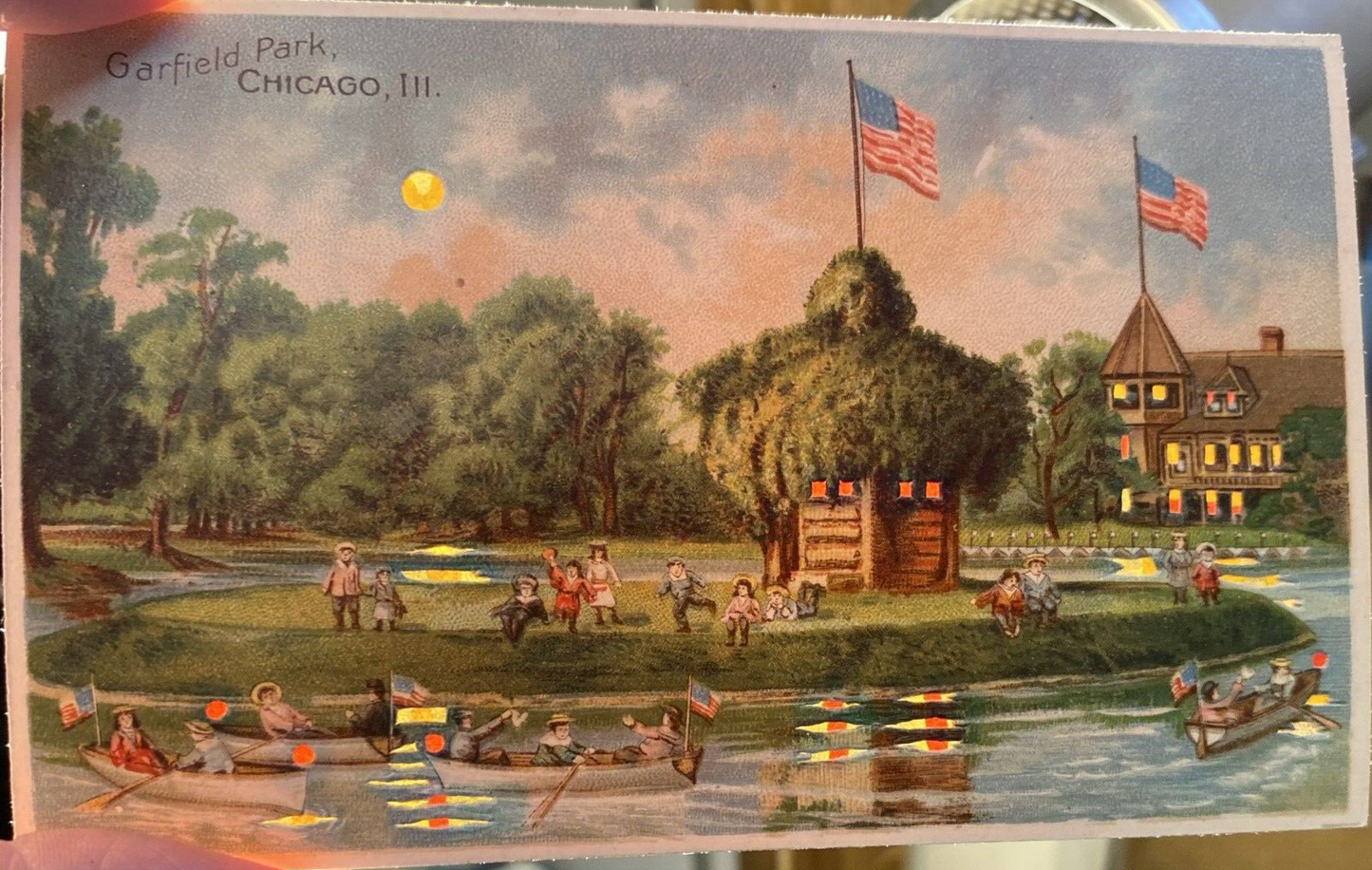 HTL Hold to the Light Garfield Park Chicago Illinois IL Boating Vintage Postcard
