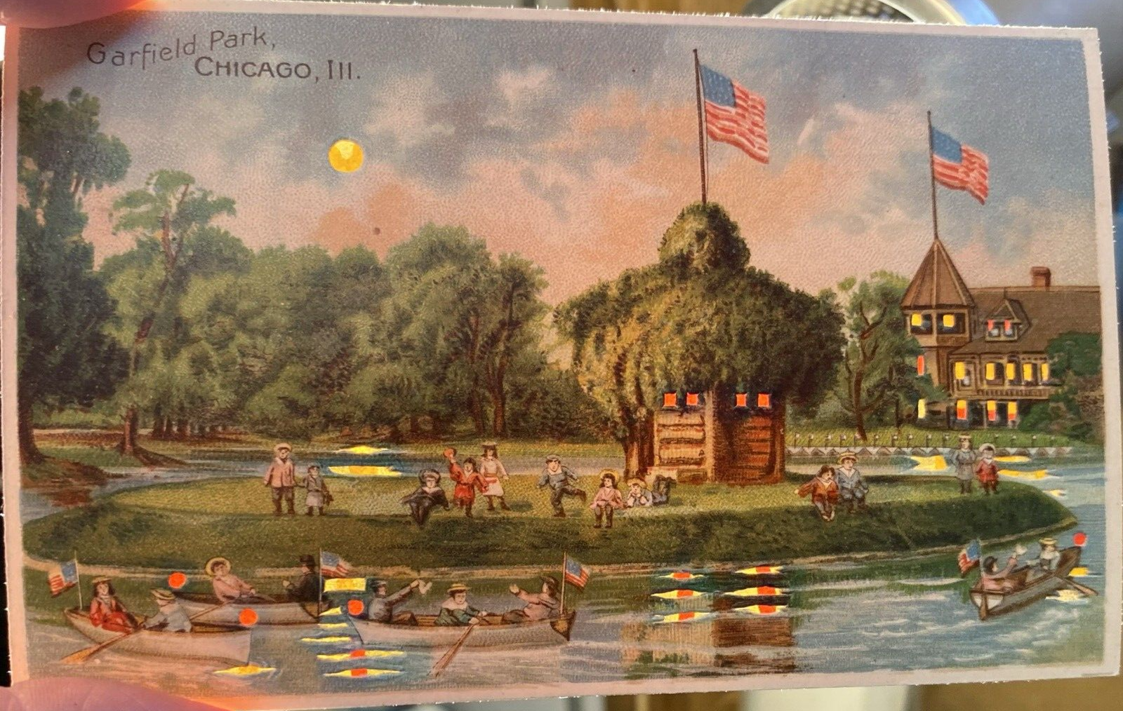 HTL Hold to the Light Garfield Park Chicago Illinois IL Boating Vintage Postcard