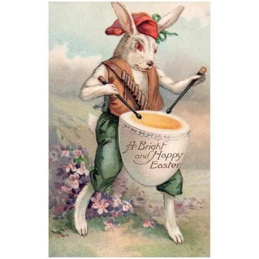 A Bright and Happy Easter Rabbit with Egg Drum Vintage Easter Postcard
