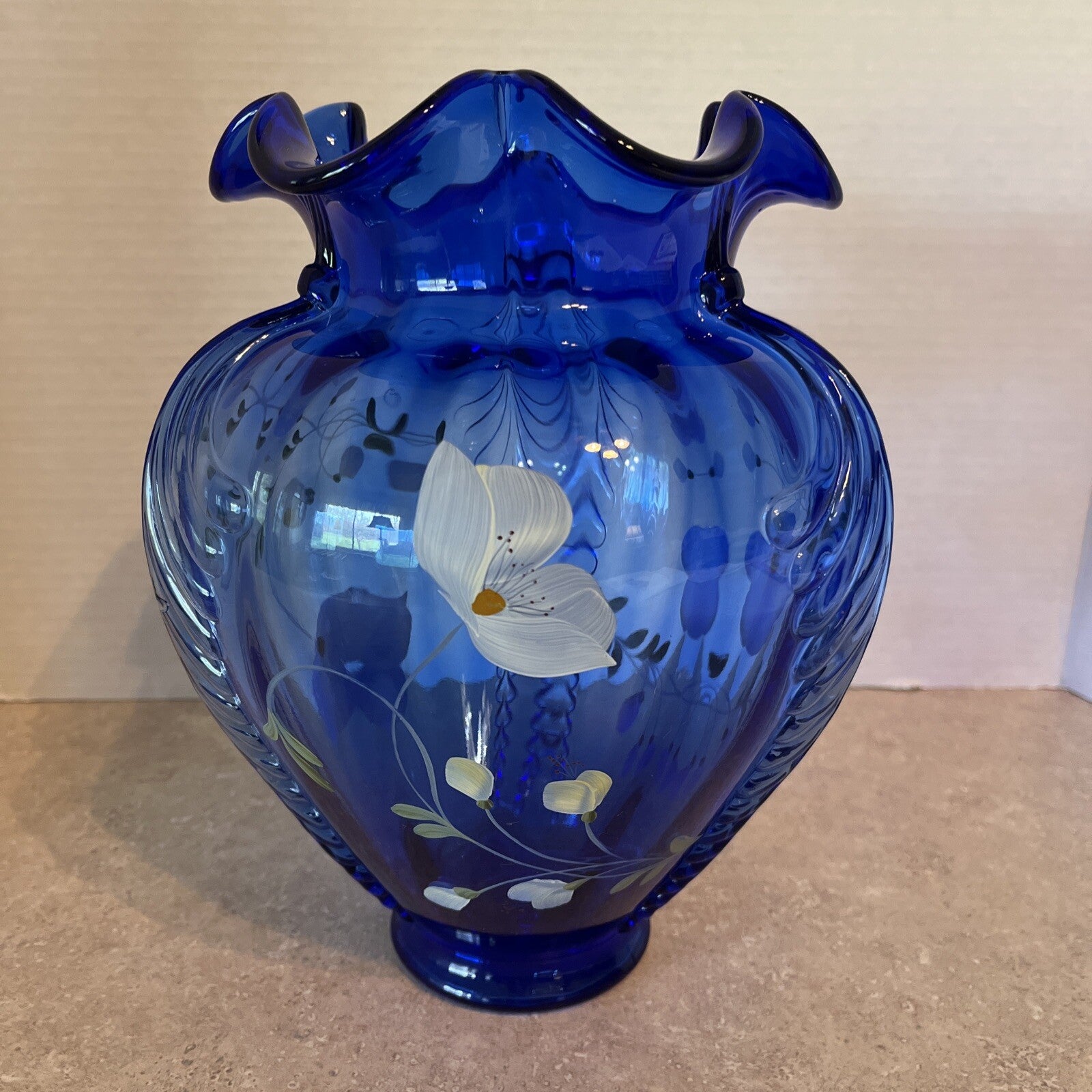 Fenton Glass Cobalt Blue Feathered Belly Vase Signed Shelly Fenton Hand Painted