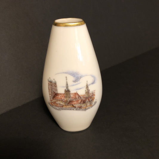Lindnet Kueps Bavaria Germany Bud Vase Churches 257 22 Handgemalt White & Gold