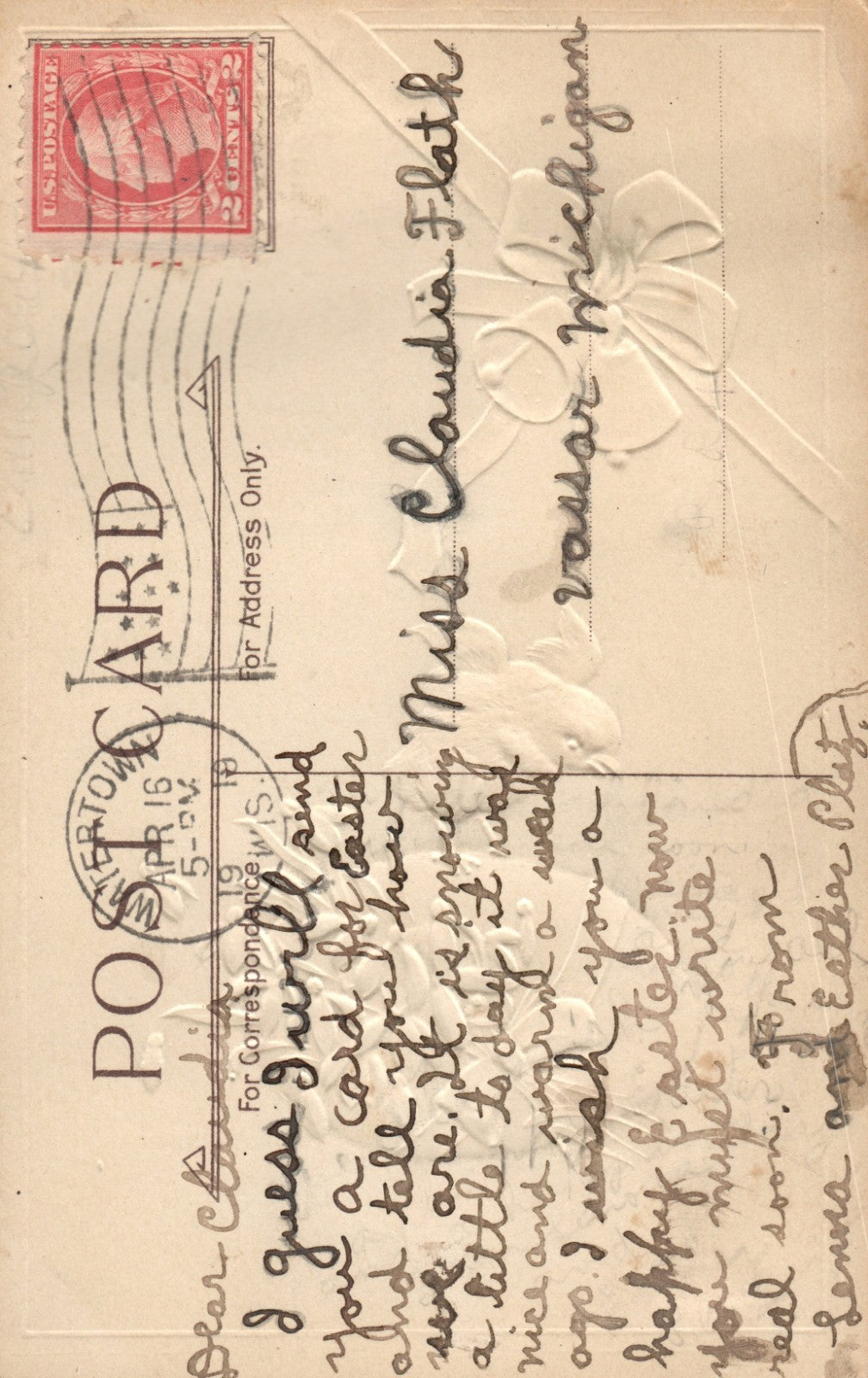 Pink Ribbon Blue Bells Chick Picking At Pink Flowers Easter Greetings Postcard