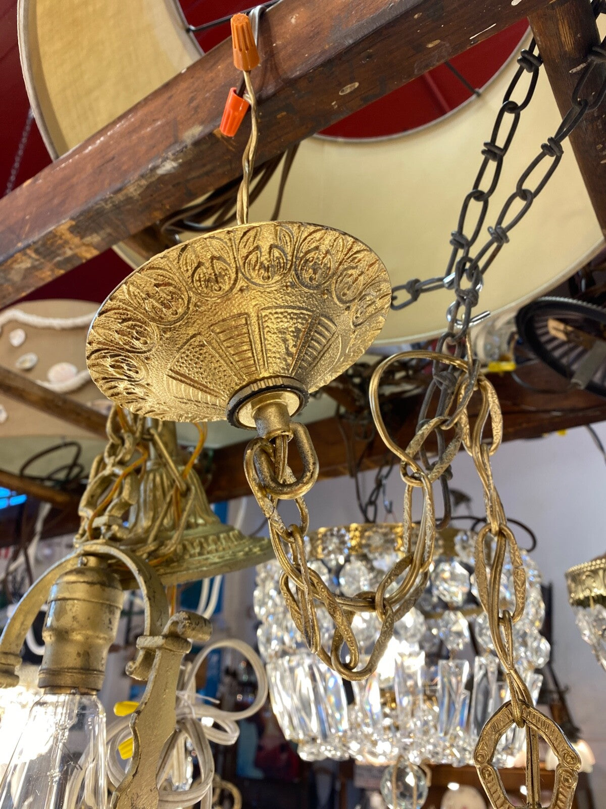 Gold 5-arm/light chandelier with iridescent crystals