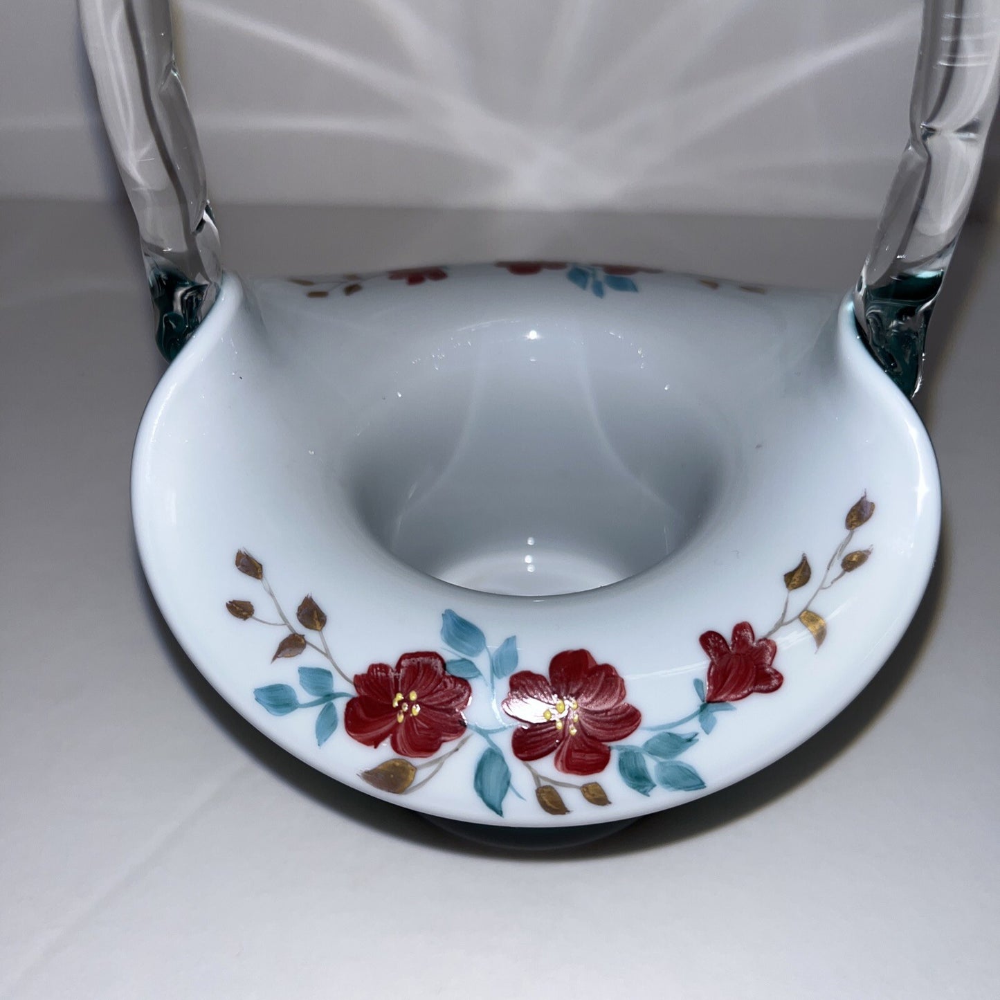 FENTON VINTAGE HAND PAINTED WILD ROSES ON TEAL OVERLAY TOP HAT BASKET LIM. ED.