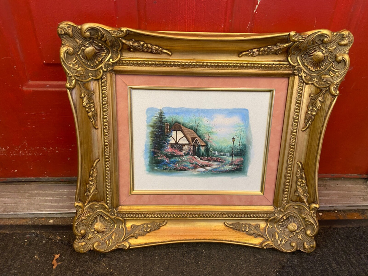 Vintage Quality Wood Ornate Gold Frame with Art Cottage  Rectangle 17.5 x 15.5