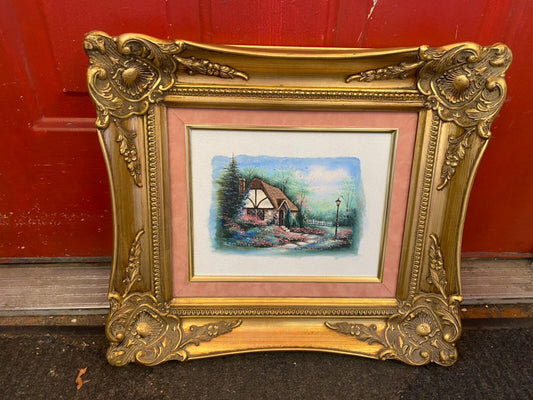 Vintage Quality Wood Ornate Gold Frame with Art Cottage  Rectangle 17.5 x 15.5