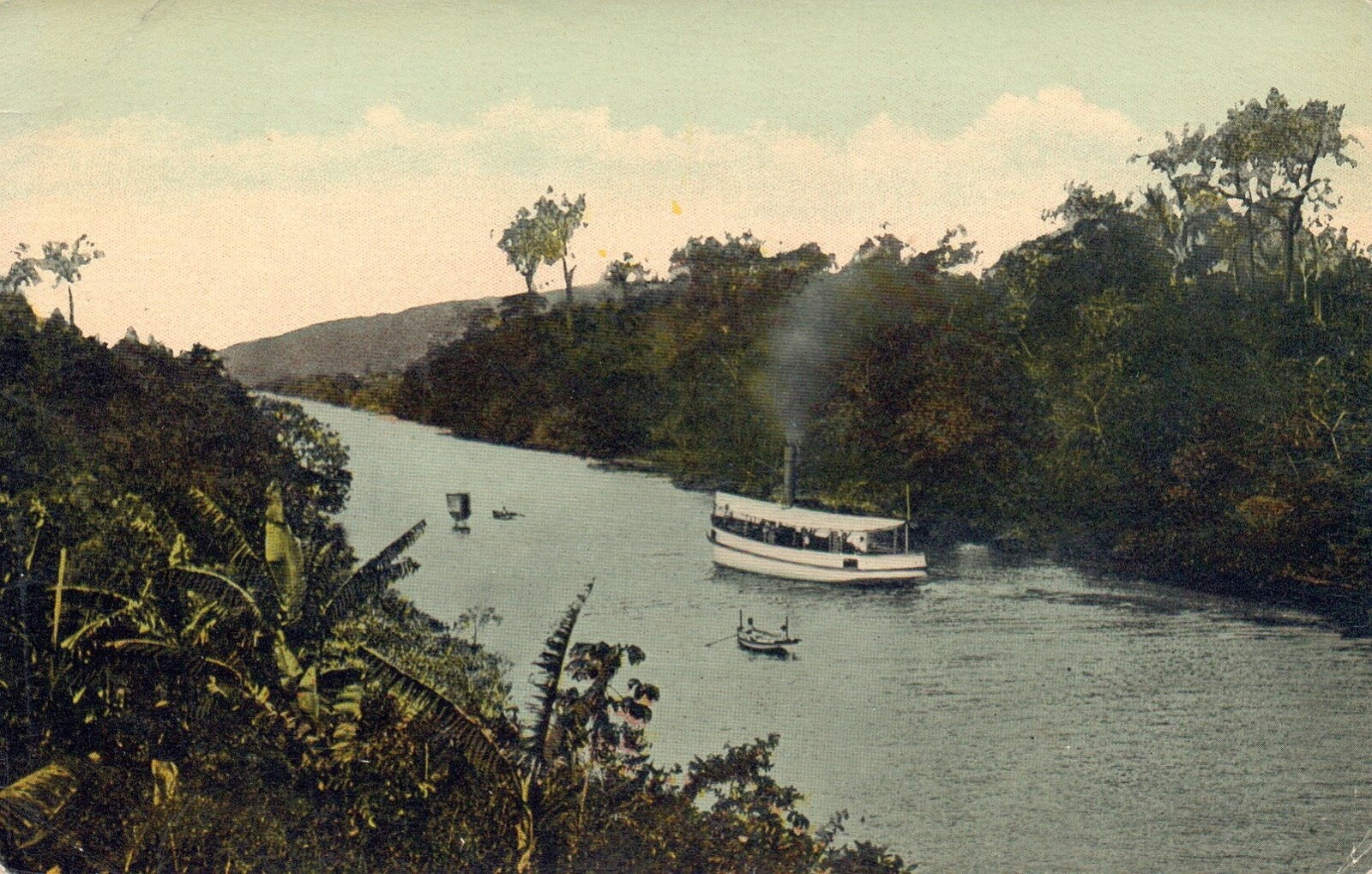 View of the Panama Canal Luxurious Vegetation on Banks Vintage Panama Postcard