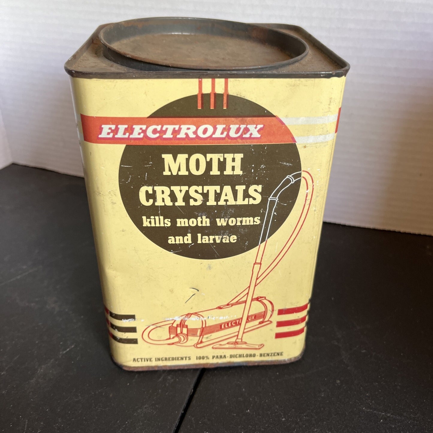 VINTAGE Country Store Tin Can Advertising Electrolux Moth Crystals 