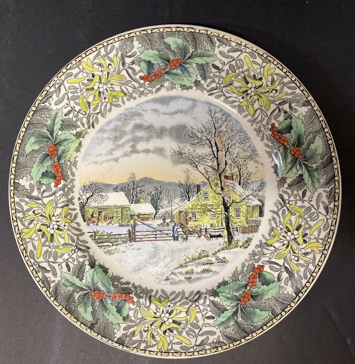 10.5" Adams Currier Winter Scenes New England Winter Scene Holly PLATE pottery