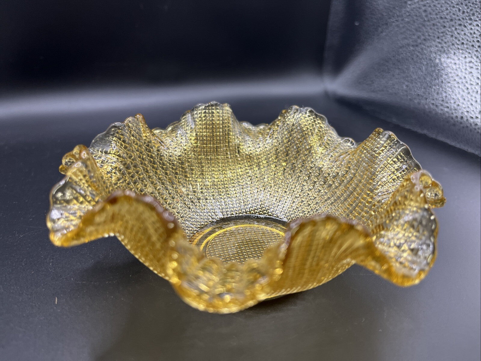 Vintage Amber Glass Waffle Pattern Bowl With Ruffled Edge
