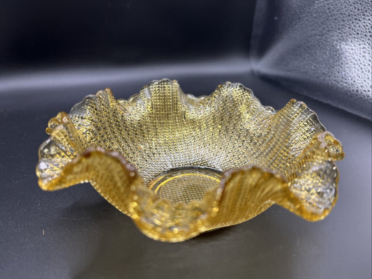 Vintage Amber Glass Waffle Pattern Bowl With Ruffled Edge
