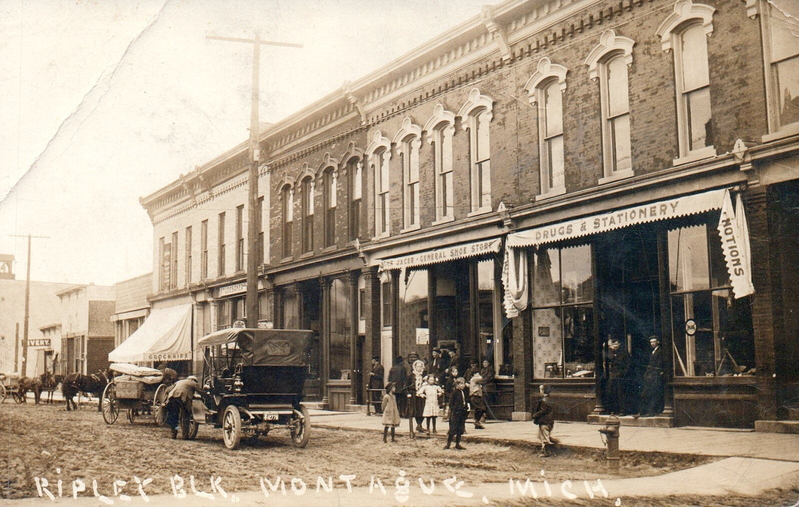 Old Cars, People, & Children on the Ripley Block in Montague Mich MI Postcards