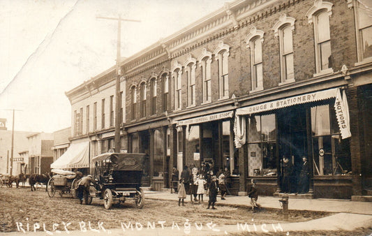Old Cars, People, & Children on the Ripley Block in Montague Mich MI Postcards